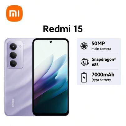 Xiaomi 小米 Redmi 15 全球版智能手机 NFC 大容量 7000mAh 电池 沉浸式 6.9 英寸 FHD+ 显示屏 高达 144Hz 高刷新率 强大的 Snapdragon 685 高达 16GB RAM 带内存扩展 四曲面设计，手感舒适 IP64 防尘防水 33W 快速充电 50MP AI 双摄像头系统 智能开关，轻松夜间拍摄