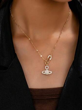 1pc Luxury Rhinestone Saturn Pendant Necklace, High-Quality Versatile Accessory Suitable For Women, Daily Wear, Parties, Holidays