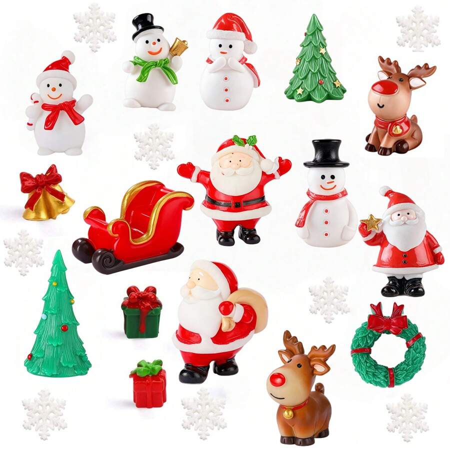 12 Pcs Christmas Miniature Figurines, Mini Christmas Ornaments Kit Resin Santa Claus Snowman Reindeer Christmas Tree Decoration For Xmas Goodie Bag Fillers Crafts DIY Snow Globe Dollhouse Garden Landscape Party