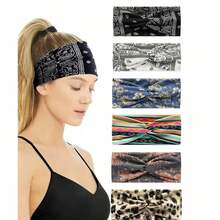 Set de 6 diademas deportivas elásticas de moda con estampado de paisley y diseño de nudo cruzado bohemio, banda para el cabello para el gimnasio, turbante, diadema para sudar, accesorios para el cabello de otoño e invierno para mujer para looks de vacaciones, pañuelo elegante para mujer