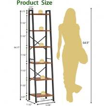6 Tier Ladder Shelf Bookcase, Tall Ladder Bookshelf Narrow With 2 Hooks, Industrial Metal Wooden Shelf Free Standing, Skinny Bathroom Shelves For Bedroom Living Room Kitchen, Rustic Brown,23776188 - 黑色 - 查看 5