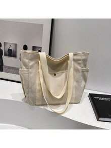 1pc/2pcs Large Capacity Canvas Tote Bag, Multi Pockets Shoulder Bag, Reusable Shopping Bag, Easy To Carry With Comfort Handle, For Daily Use And Gifts Portable Handbag For School Work Travel Shopping