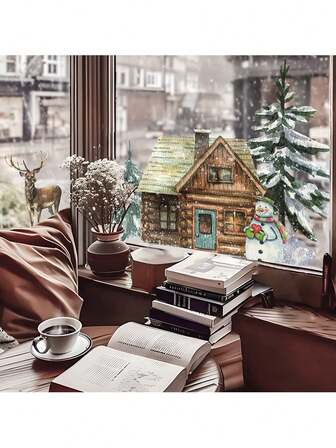 1 Roll Christmas Decorative Window Sticker ,Stained Static Film Reindeer Snowman Winter House Pine Tree,Double-Sided Viewable Durable Decals For Home Classroom Decor