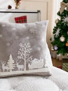 1 buc. Față de pernă brodată cu Moș Crăciun, gri, cu sania trasă de săritură, brad de Crăciun, cerb, potrivită pentru decor interior, față de pernă decorativă de Crăciun, inserția de pernă nu este inclusă - Gri - Vizualizare 5