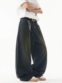 1pc Justice Brother Casual Versatile Couple Distressed Vintage Washed Loose Fit Wide Leg Jeans - Champagne - View 6