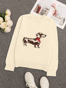 新款秋冬女式简约可爱圆领长袖柔软针织套头毛衣，浅蓝色圆领腊肠犬图案针织毛衣，饰有可爱腊肠犬图案的蓝色针织毛衣，撞色复古卡通图案 - 杏色 - 查看 4