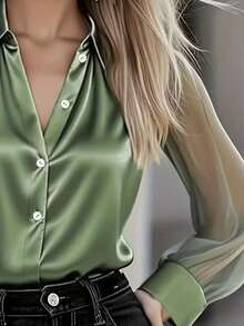 1 pezzo Camicetta elegante da donna in raso a tinta unita con bottoni frontali, con inserti in rete, manica lunga, adatta per ufficio, vacanza, casa, uso quotidiano, festival, tutte le stagioni - Verde - Visualizzare 3