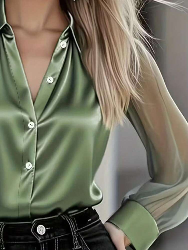 1 Peça Blusa Elegante de Manga Longa com Botões na Frente, Sólida em Cetim com Recortes em Tela, Adequada para Escritório, Férias, Casa, Uso Diário, Festivais, Todas as Estações da Primavera - Verde - Visão 3