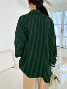 Olive Green & White Striped Front Button Pocket Long Sleeve Shirt, Autumn Spring - Dark Green - View 3
