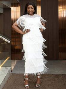 Áo kiểu nữ cỡ lớn màu trắng có tua rua, tay ngắn, đầm midi thanh lịch có tua rua thích hợp cho tiệc tùng mùa hè. - trắng - Xem 4