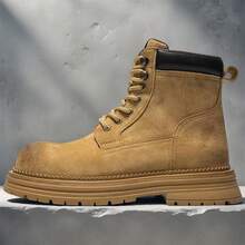 Men Letter Patch Decor Two Tone Lace-Up Front Boots, Outdoor Combat Boots