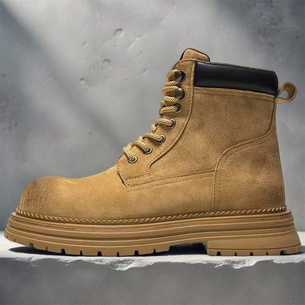 Men Letter Patch Decor Two Tone Lace-Up Front Boots, Outdoor Combat Boots