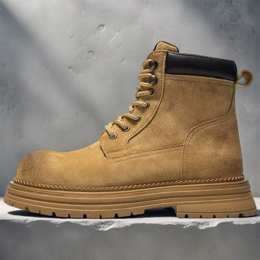 Men Letter Patch Decor Two Tone Lace-Up Front Boots, Outdoor Combat Boots