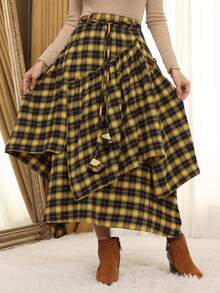 Scottish Style Women's Tartan Skirt - Elegant High Waist With Celtic FringeFlowyAsymmetrical Hem | Non-Stretch Fabric | All-Season Wear - 黃色 - 查看 4