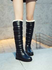 Women's Waterproof Over-The-Knee Snow Boots, Comfortable Platform Flat Shaft Thick Fur Lined Warm Plus Size Boots, Winter - Black - View 7