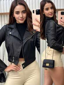 Women's Leather Jacket With Zipper, Long Sleeves - Black - View 5