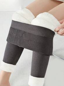 女士纯色保暖内衬休闲紧身裤，秋冬款 - 深灰色 - 查看 4