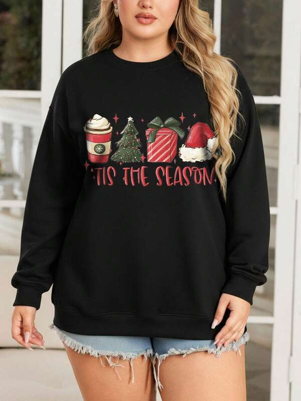 Felpa con cappuccio in pile da donna taglie forti con stampa di albero di Natale, cono gelato, cappello di Babbo Natale, caffè, calda e casual, felpa con cappuccio sportiva casual a maniche lunghe con stampa natalizia