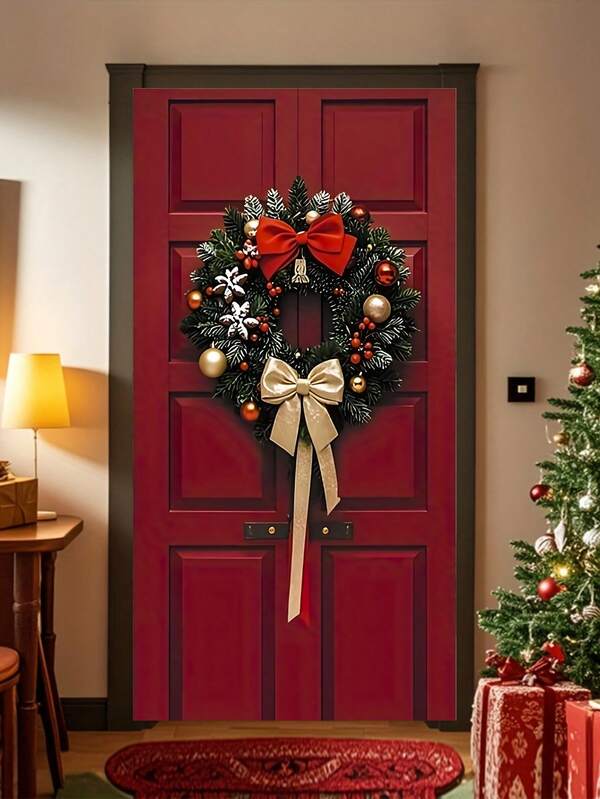 1pc Festive Christmas Wreath Adorned With Red And Gold Bows, A Classic Polyester Rectangular Door Hanger Printed With Wreaths, Snowflakes, And Decorative Details. Versatile For Christmas Decorations, New Year's Party Supplies, And Photo Backdrops; Perfect For Front Doors, Walls, And Home Holiday Decor.
