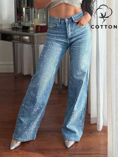 2025 New Fashion European And American Women's Loose Straight Leg Rhinestone Embellished Denim Maxi Pants Casual Vacation