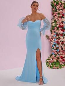 High Slit Zipper Front Formal Evening Gown With Mesh Panels - Baby Blue - View 5