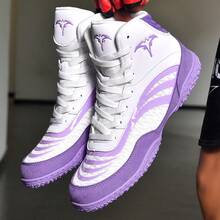 Sapatos de luta livre masculinos, sapatos de boxe de combate de cano médio, sapatos de treinamento, botas de kickboxing, sapatos de artes marciais fitness, sapatos esportivos profissionais masculinos de alta qualidade, suporte de tornozelo respirável, confortável, antiderrapante, durável, sola texturizada - Branco Roxo - Ver 17