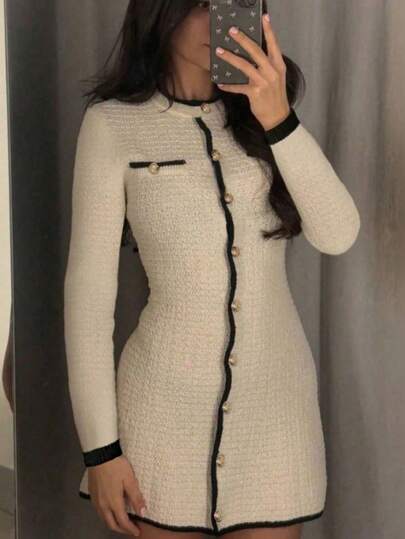 FOR BEAUTY Autumn And Winter New Round Neck Long Sleeve Knit Dress For Women, Spring Solid Color Simple Elegant Color-Blocking Stylish Commuting Short Skirt For Halloween.
