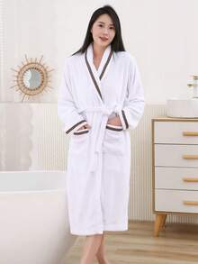 1pc Coral Fleece Women's Long Bathrobe, Multiple Colors Available, With Hood, Belt And Pockets, Fluffy Soft Warm, Unisex Bath Towel Robe, Women's Bathrobe, Super Soft Velvet Texture, Bathroom Supplies - Lapel-trimmed Bathrobe - View 15
