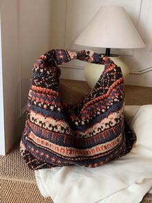 Bohemian Style Fuzzy Tote Bag, Large Capacity Shoulder Bag With Zipper Closure, Suitable For Daily Use, Commuting, Shopping, College Students, Colorblock Striped , Bohemian Outfit For Women - Multicolor - View 8