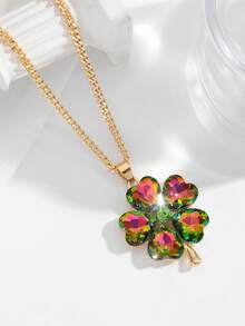 1pc Fashion Luxury New Rhinestone Inlaid Glass Clover Pendant Necklace, Suitable For Women's Daily And Party Wear, Gift
