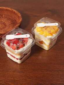 10pcs/20pcs Square Wooden Pudding Cup With Spoon, Fruit Cream Cake, Mousse Cake Takeout Box - Transparent - View 3