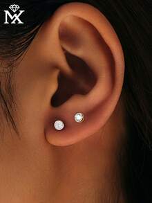 1 Pair 925 Sterling Silver Minimalist Round Cubic Zirconia Stud Earrings, Suitable For Daily Wear