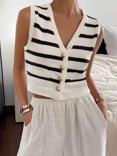 Women's Elegant Knit Sweater, Striped Pullover, Button-Up Cardigan, Versatile Tank Top, Plus Size