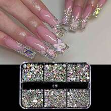 6 Grids Kit Nail Decoration Mix Size Nail Diamond Flatback Rhinestone Glue Strass Diy Bling Stickers Skin Non Hotfix Crystals - 彩色 - 查看 6