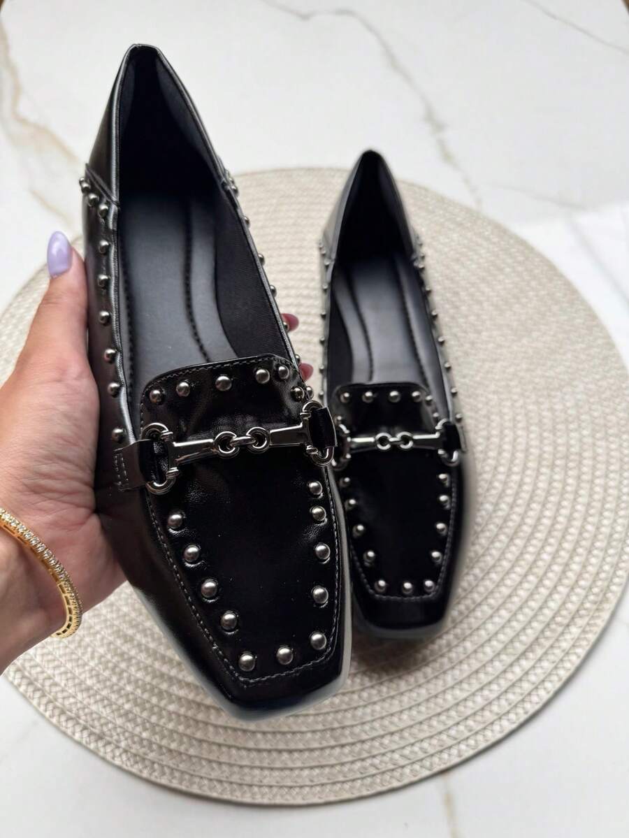 Moccasin Flats Women's Fashion Shoes Comfortable Black With Spikes Applications - 黑色 - 查看 1
