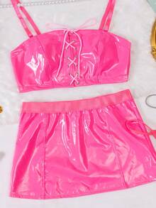 3pcs Sexy Lingerie Set, Includes Chest Strap Bra, Suspender Mini Skirt, And G-String - Pink - View 8
