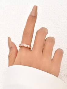 Nooxian 1pc Rose Gold Color Rhinestone Decor Openable Chain Copper Ring, Engagement Rings For Women