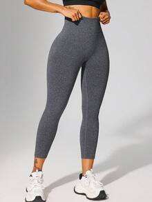 1pc High Waist Ribbed Yoga Leggings, Suitable For Hiking, Outdoor Activities, Sports And Casual Wear Spring - Brown - View 5