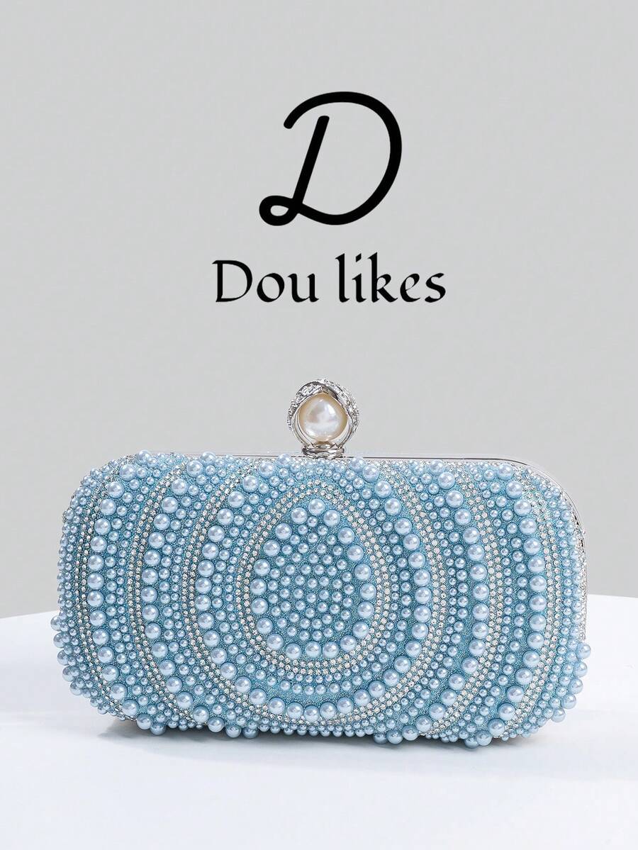 优雅的泪珠蓝珍珠晚装手拿包，适合旗袍的高端订婚手提包，配有金属链，优雅的女士派对手拿包适合舞会、婚礼、毕业舞会、正式晚宴/宴会，完美搭配女士毕业舞会礼服、毕业舞会配饰、亮片礼服、闪亮礼服、女士优雅礼服。 - 藍色 - 查看 1