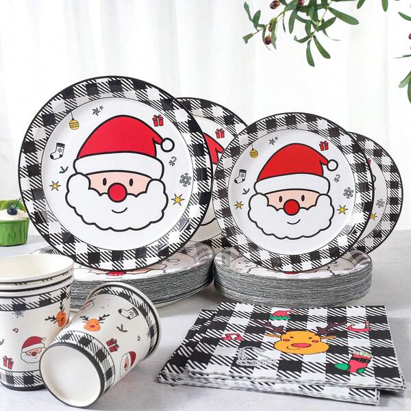 Set di stoviglie monouso con motivo a strisce bianche e nere di Babbo Natale, piatti di carta monouso da 7/9 pollici per feste di Natale, bicchieri, piatti e tovaglioli di carta monouso, adatto per 10/24 ospiti, ideale per celebrazioni festive, decorazioni natalizie, perfetto per eventi e feste di Natale.