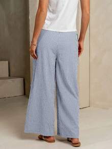 Women's Fashion Straight Leg Pants With Checkered Elastic Waistband, Wide Legs, And Pockets - 藍色 - 查看 3