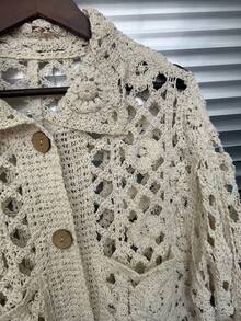 Oversized Loose Knit Crochet Hollow Out Cardigan Sweater For Women, French Style - Beige - View 5