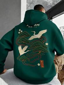 Men's Fashionable Versatile Casual Crane Print Hoodie Sweatshirt, Autumn/Winter - Green - View 1