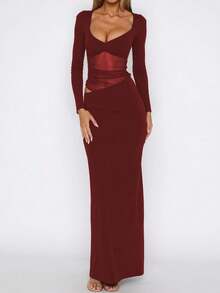 Đầm dài tay phối lưới xuyên thấu phong cách Y2K quyến rũ, gợi cảm, màu đen, thiết kế thanh lịch. - Đỏ - Xem 3