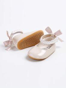 婴儿/新生儿玛丽珍平底鞋 - 婴儿学步鞋，柔软橡胶鞋底，公主风婚鞋 - 米色 - 查看 7