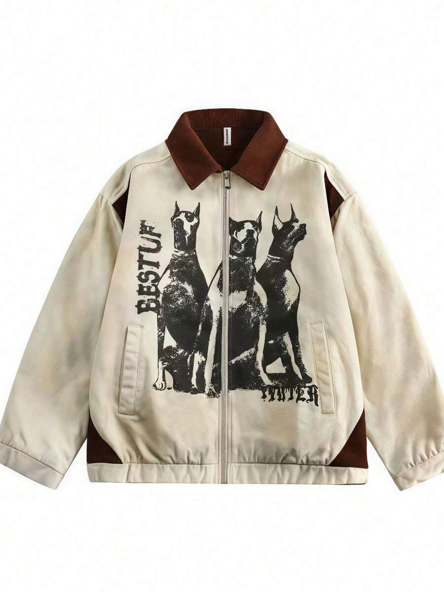 American Retro Old Wasteland Style Workwear Jacket Men's And Women's Spring And Autumn Fashion Brand Japanese Loose Dirty Washed Printed Jacket - 杏色夾克 加入收藏夾併購買 優先發貨 - 查看 1
