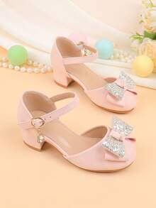 Flower Girl Shoes For Wedding, Party, Holiday, Suitable For Girls Of All Ages, Children Shoes, Classic Comfortable Versatile Small Shoes, Girls Fashion Pink Bow Glitter Sequin Shiny Heeled Dress Shoes For Formal Occasions, Recitals, Dance, Princess Style
