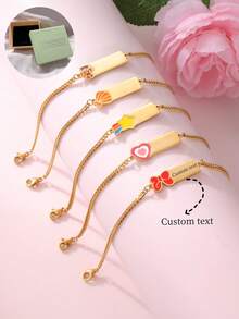 1pc Customized 18K Stainless Steel Colorful Enamel Multi-Element Letter Heart Bow Laser Engraved Bracelet, Suitable For Women, Daily & Holiday Gift