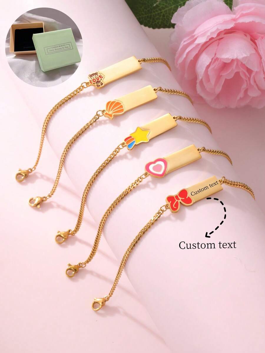 1pc Customized 18K Stainless Steel Colorful Enamel Multi-Element Letter Heart Bow Laser Engraved Bracelet, Suitable For Women, Daily & Holiday Gift
