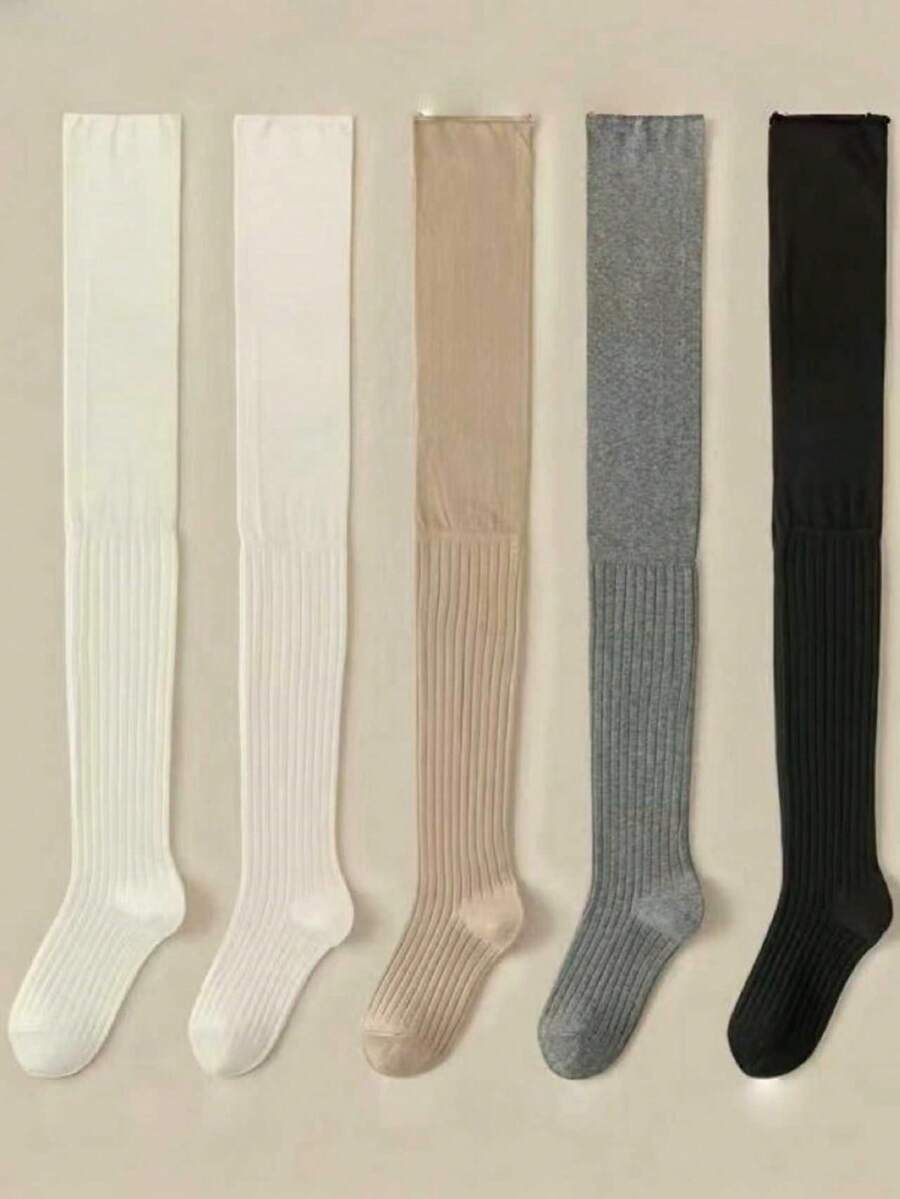1/5 pares de calcetines altos hasta la rodilla de unicolor y holgados, versátiles para otoño/invierno, calcetines cálidos - Multicolor - Ver 1